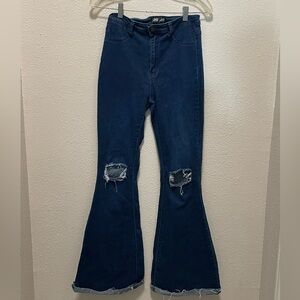 Trendy Dark Blue Flare Jeans with Ripped Knees